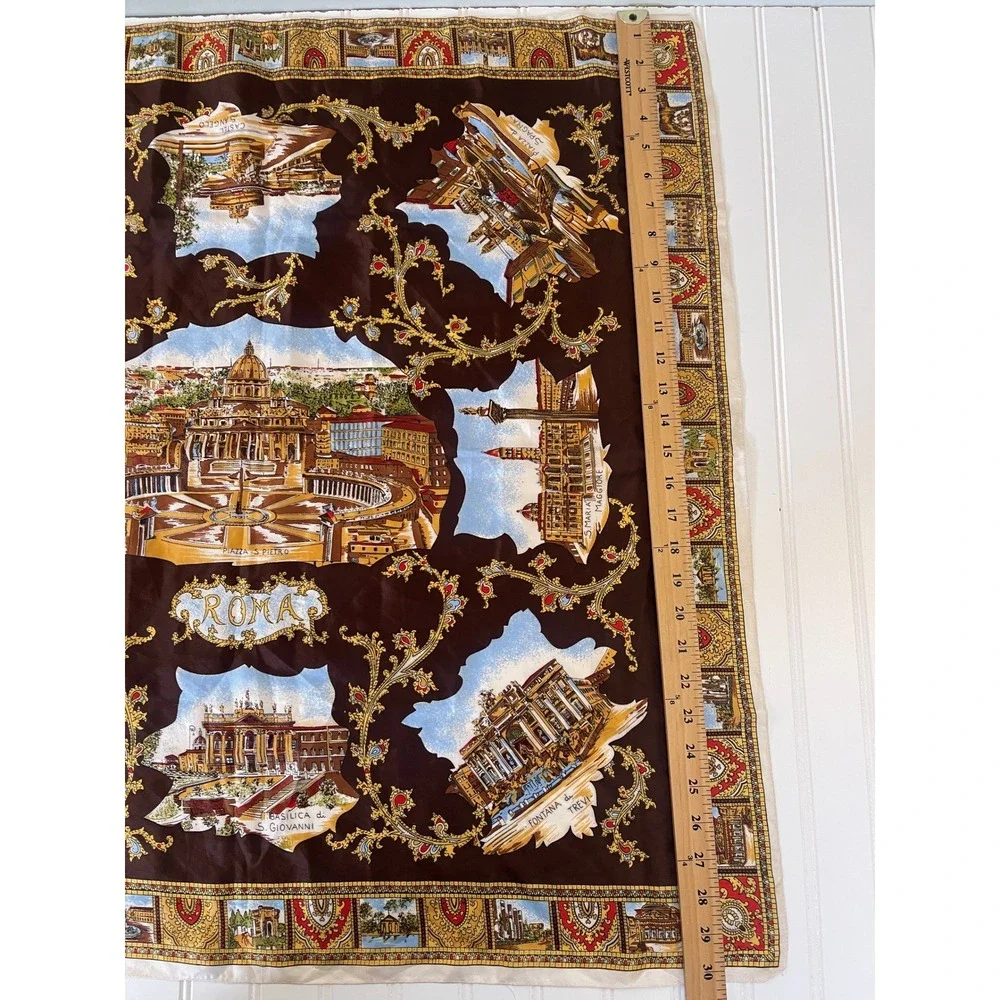 Vintage Roma Italy Souvenir Square Scarf Brown Gold Landmark Print Travel Gift